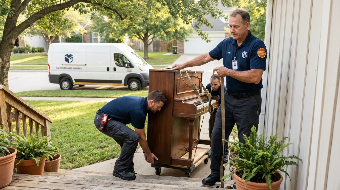 Licensed piano movers securing grand piano in Canyonville, OR