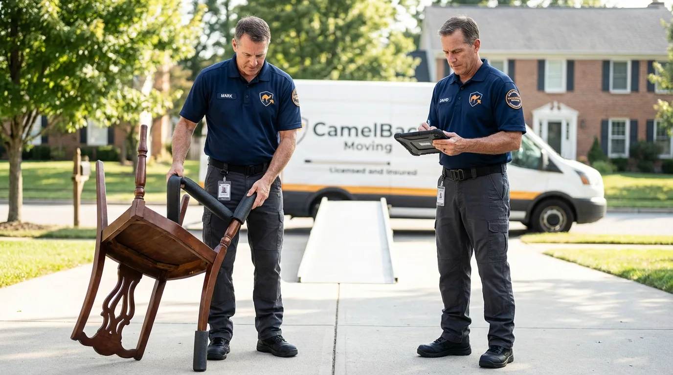 Movers inspecting furniture for damage prevention before loading in Canyonville, OR