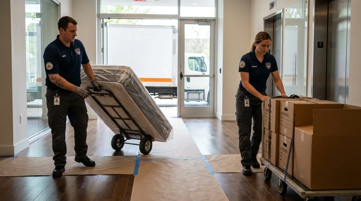 Professional apartment movers loading elevator in Canyonville, OR